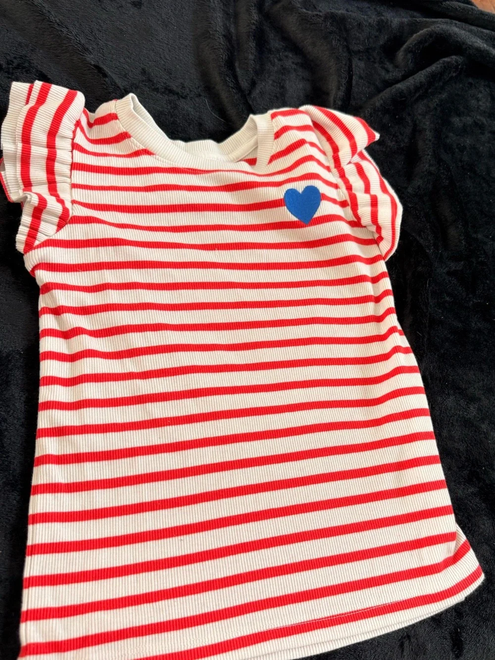 Cat & Jack Red and White Striped Tee with Blue Heart Patch